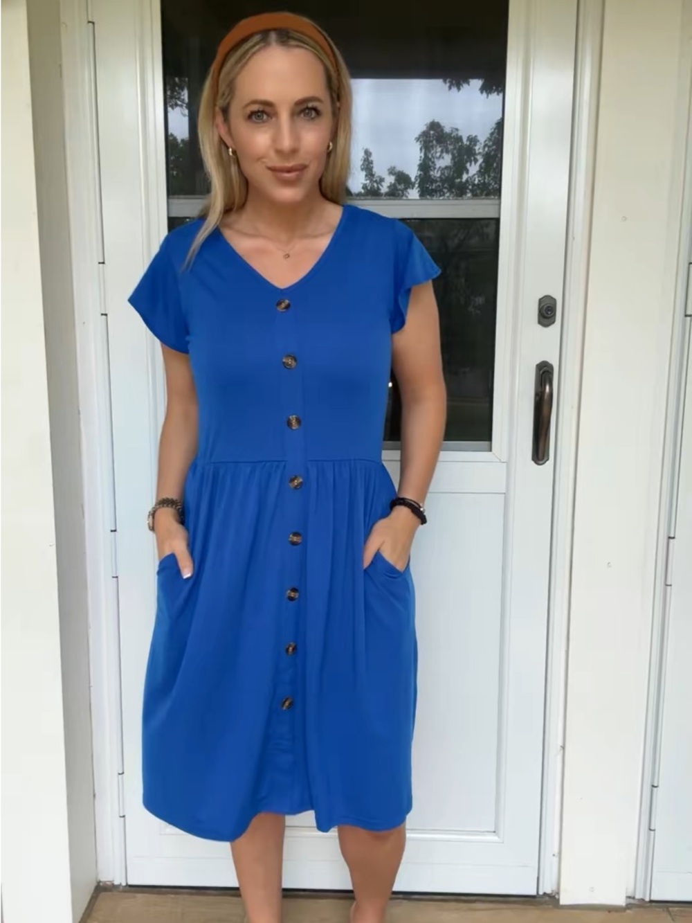 Blue Button-Front V-Neck Women’s Dress